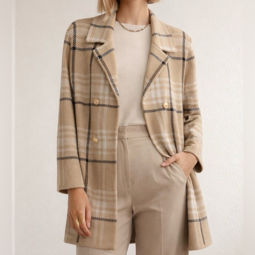 Anne Klein Plaid Sweater Blazer Cardigan Small Tan Black Quiet Luxury Knit